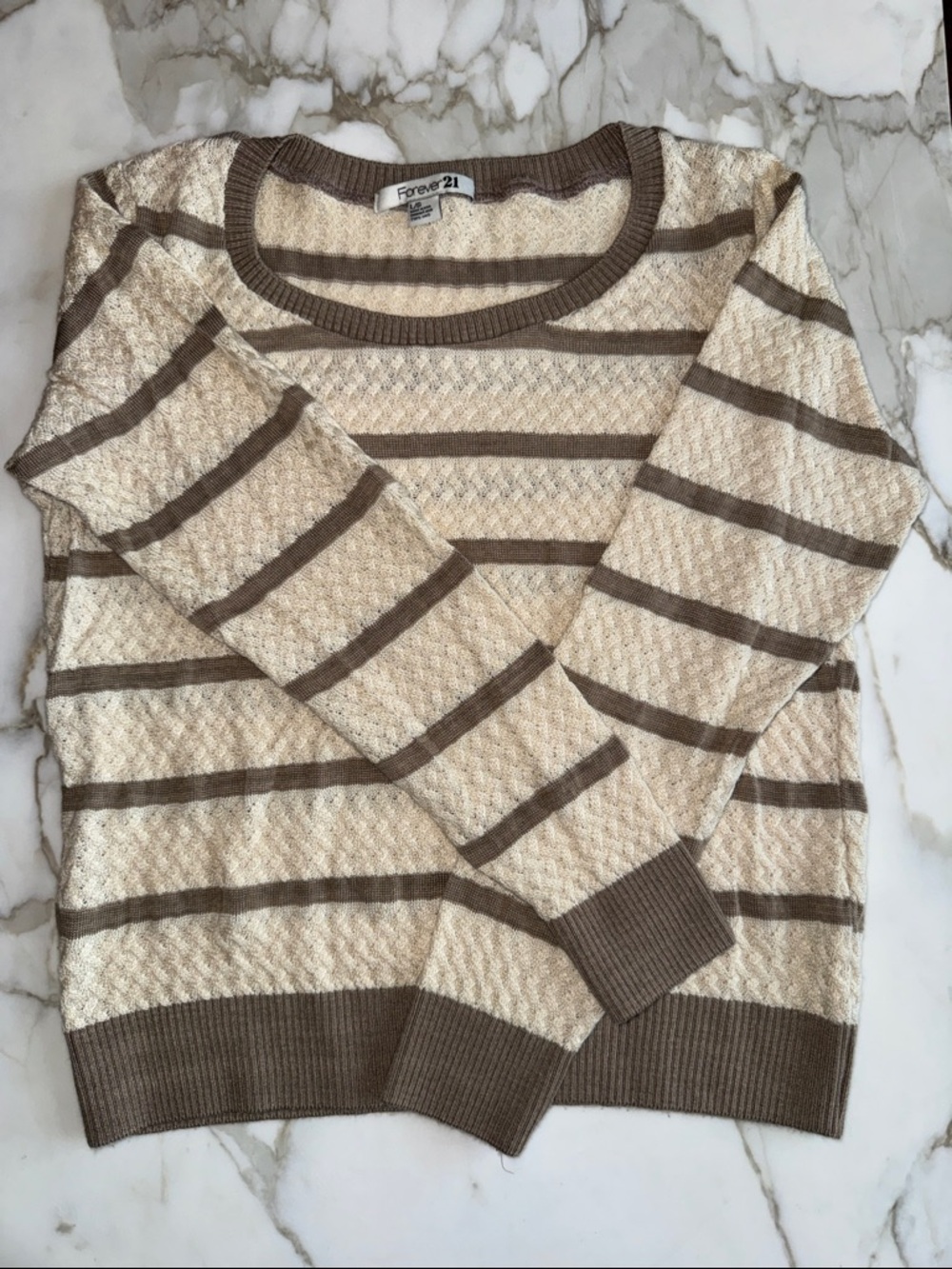 Forever 21 Cream and Brown Striped Scoop Neck Sweater